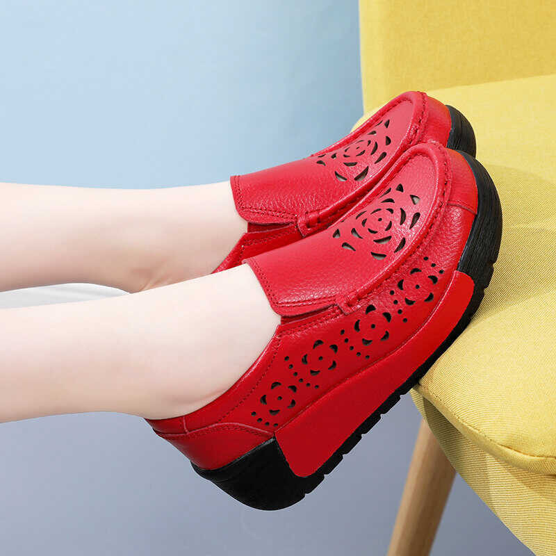 ❤ Wedge For Genuine Leather Platform Sneakers 5.5Cm Thick Bottom Loafers Slip On Big Size 41 Kore