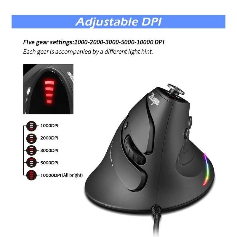 ZELOTES ❀ C-10 Vertical Gaming RGB Ergonomic USB Wired Optical Mouse 5 Modes 10000DPI 12 Buttons Pr