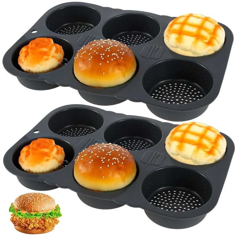 1Pc Silicone Hamburger Bun Mold 6 Cavities Bread Mold Non-Stick Hamburger Bun Pan Flexible Reusabl