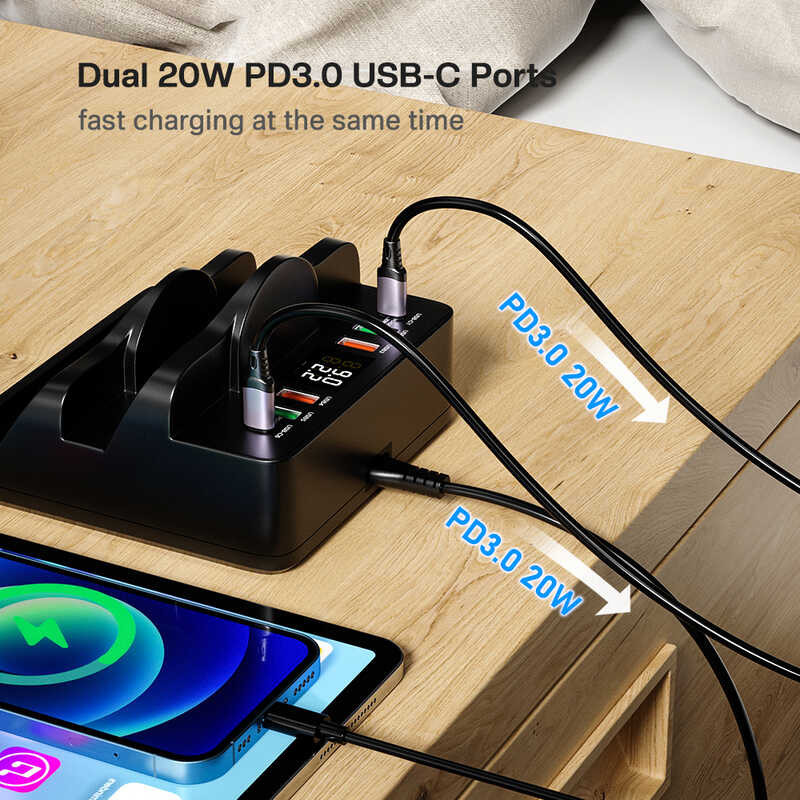 ♎ เครื่องชาร์จ 80W พร้อมฐานชาร์จแบบไร้สายอุปนัยคู่ 6