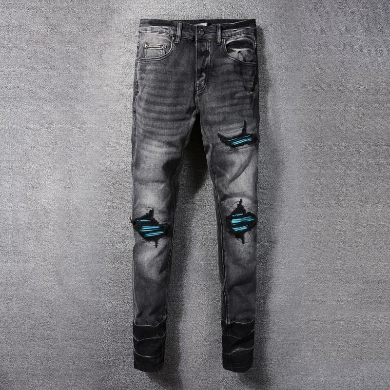 Amiri High Street Fashion Man Jeans กางเกงยีนส์สีดำผอมสีน้ำเงินหนัง Welt ปุ่มด้านหน้าออกแบบกางเกงยี