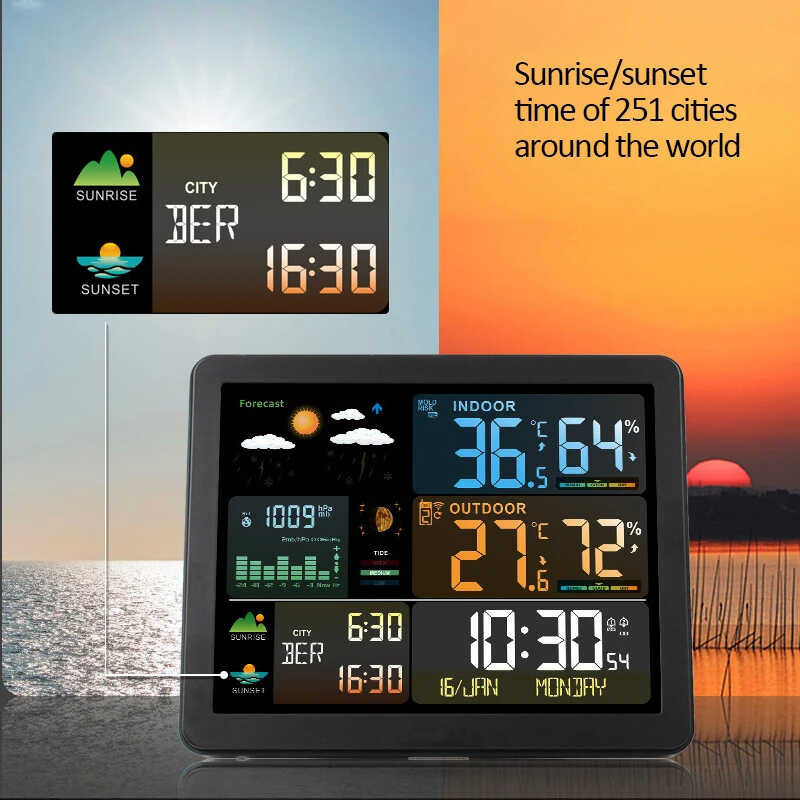เครื่องวัดความชื้นและอุณหภูมิในร่มกลางแจ้งกลางแจ้งพยากรณ์อากาศนาฬิกาตั้งโต๊ะแบบไร้สาย  นาฬิกาสถานีสภาพอากาศดิจิตอล,