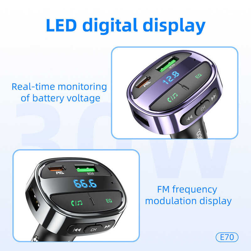 ❤ HOCO 100% Original E70 Pd30w + Qc3.0 Quick Charge 3.0 FM Transmitter สำหรับโทรศัพท