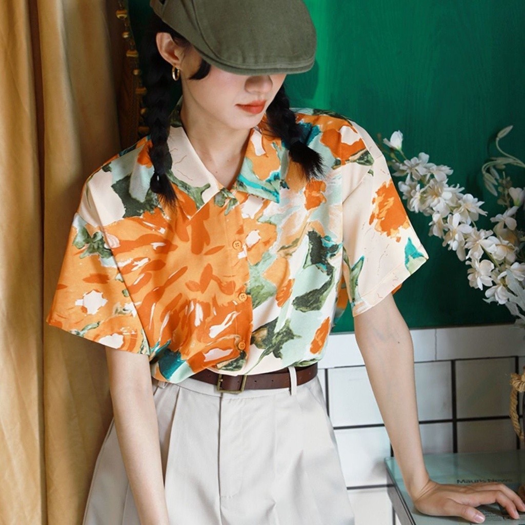 nicharisshop ♞,♘Ace Studio เสื้อผู้หญิง ฮาวายหญ เสื้อแฟชั่นผู้หญิง ชุดสงกรานต์2566 ลายดอก สไตล์เกาห