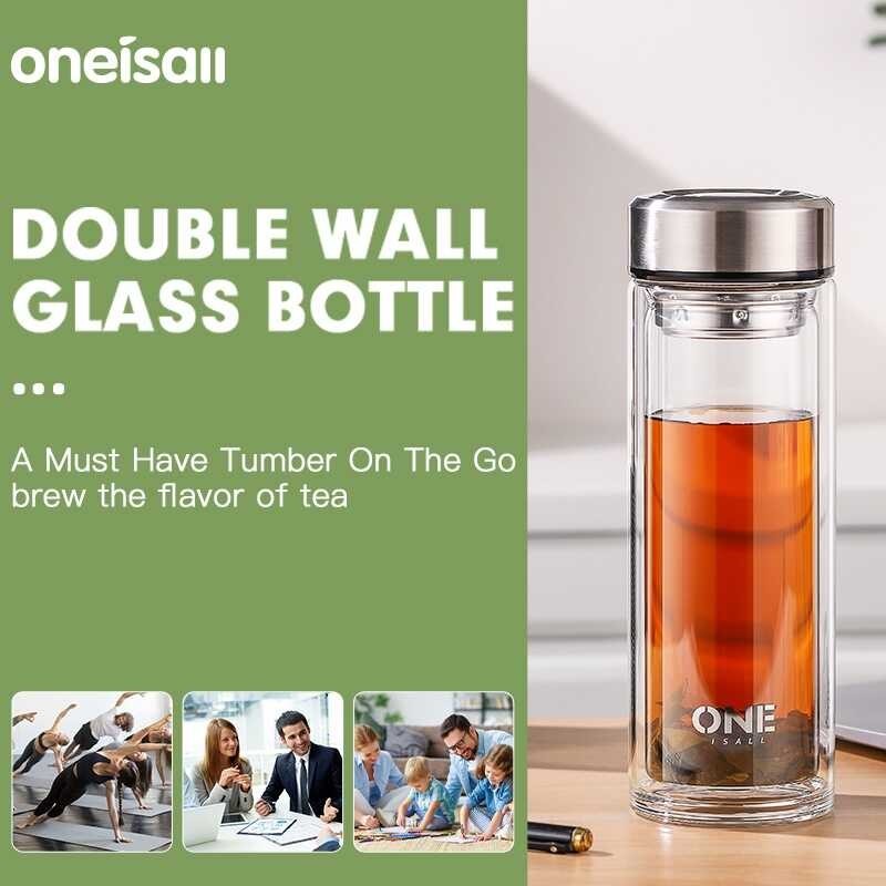 แก้วชา สองชั้น Oneisall ขนาดใหญ่ ทนความร้อน ขวดแก้วแยกชา