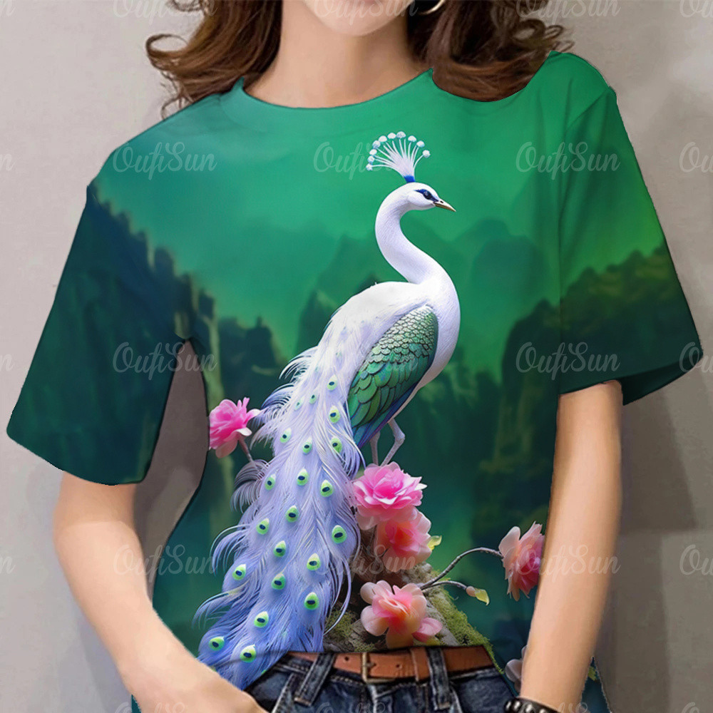 เสื้อยืดผู้หญิง ลายนกยูง พิมพ์ลาย แขนสั้น ทรงโอเวอร์ไซส์ ใส่สบาย 2568