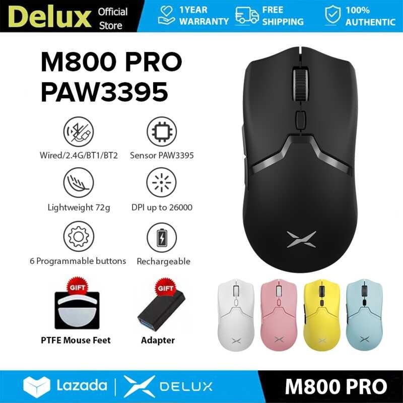 PRO Delux M800 PAW3395 Gaming Mouse DPI MAX 26000 Wired 2.4G Bluetooth Wireless Rechargeable Progra