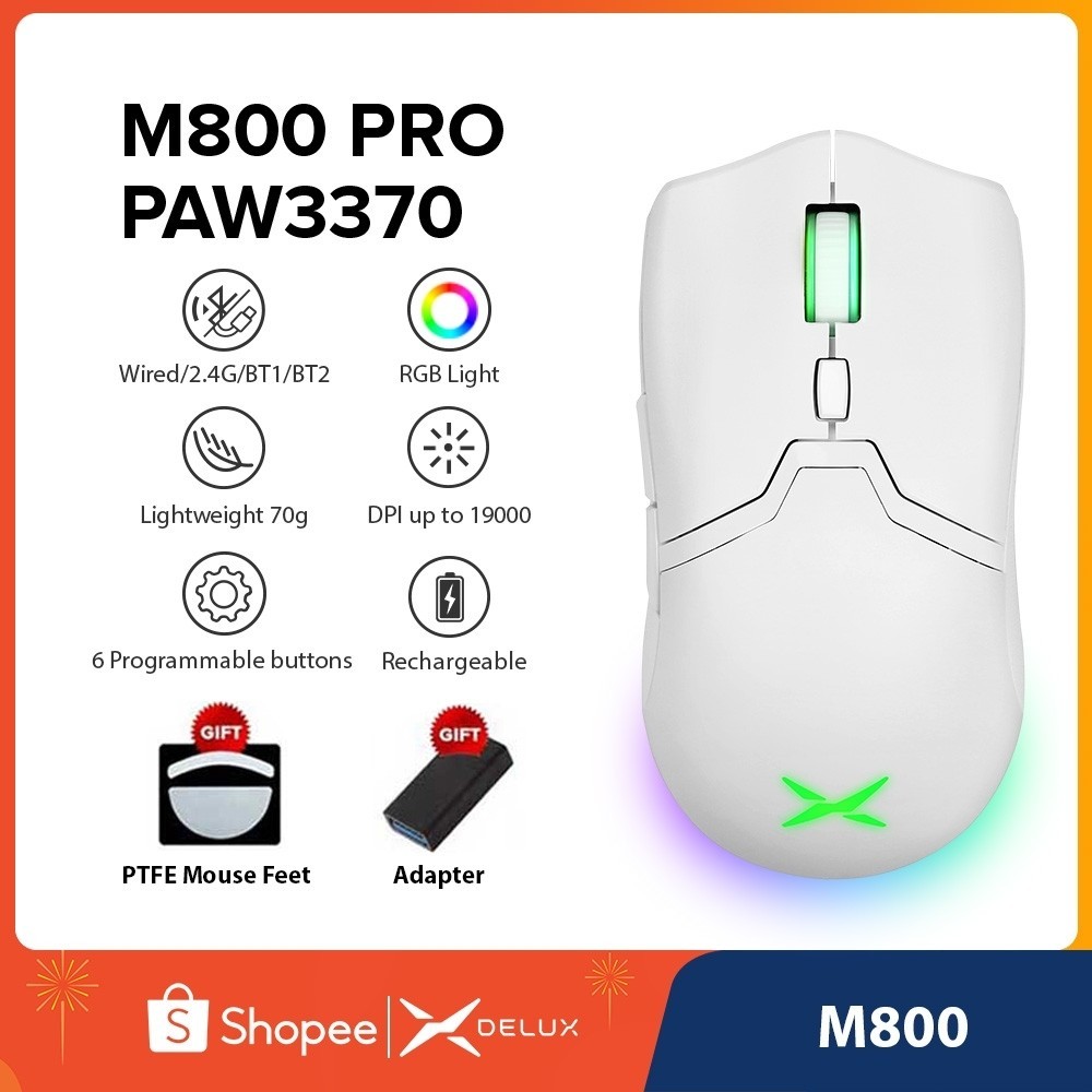 Delux M800pro M800 pro PAW3370 เมาส์ออปติคอลเล่นเกมไร้สาย แบบใช้สาย Type C 1000Hz สีขาว