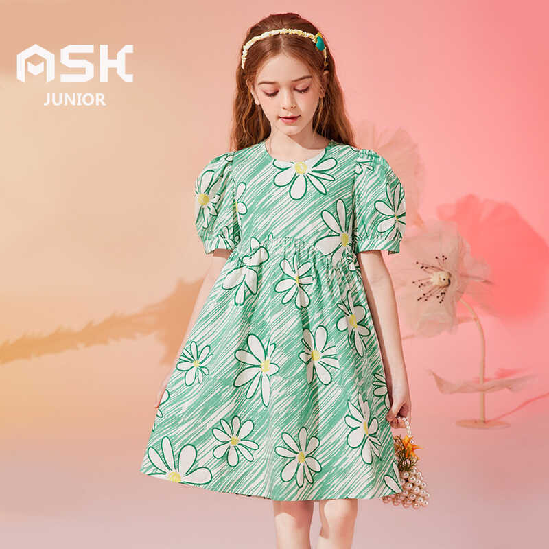 ❤ ASK JUNIOR Girls 4-15 Years Old Fashionable Casual Flower-Printed Fresh Princess Dress