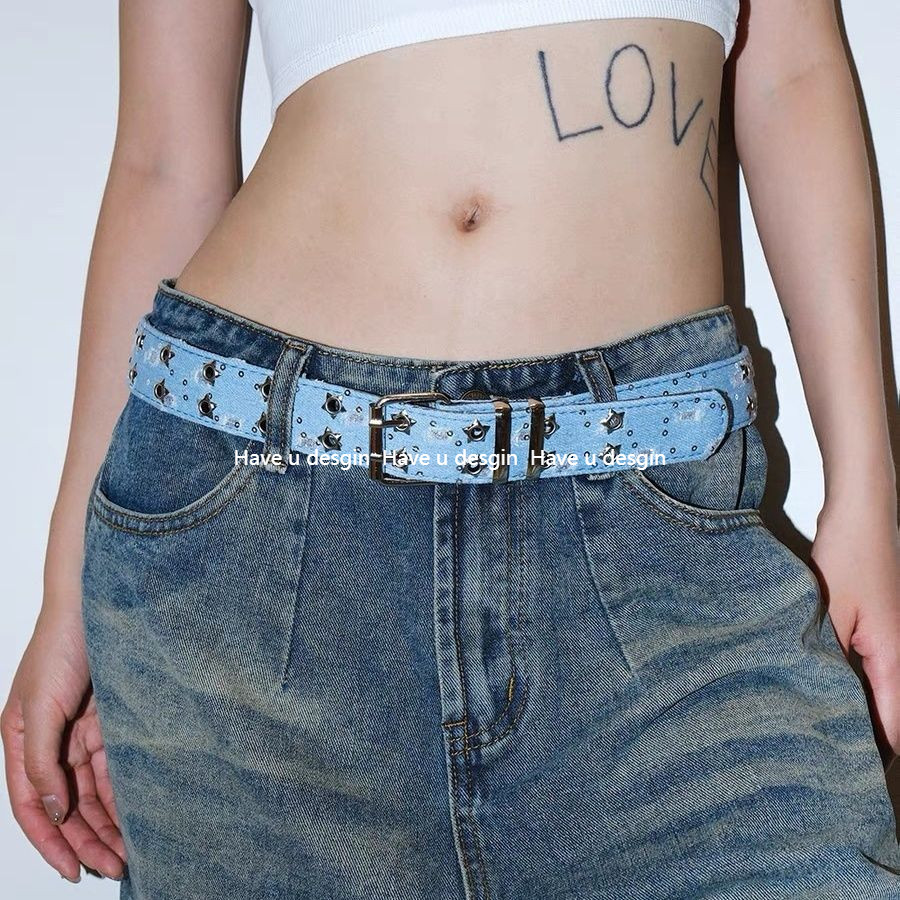 มี u desgin
 Denim การเจาะ-ฟรี Sequined Star เข็มขัดหักรู้สึก Ripped ins สไตล์ y2k สาวร้อนพร้อมกระโปรงสั้นผ้าใบเข็มขัด