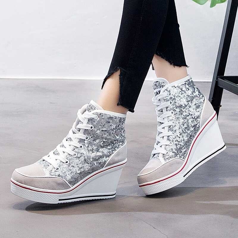 Shoes Pink Women Black Sier Glitter Vulcanize Woman Platform Wedge Sneakers Casual Zapatos De Mujer