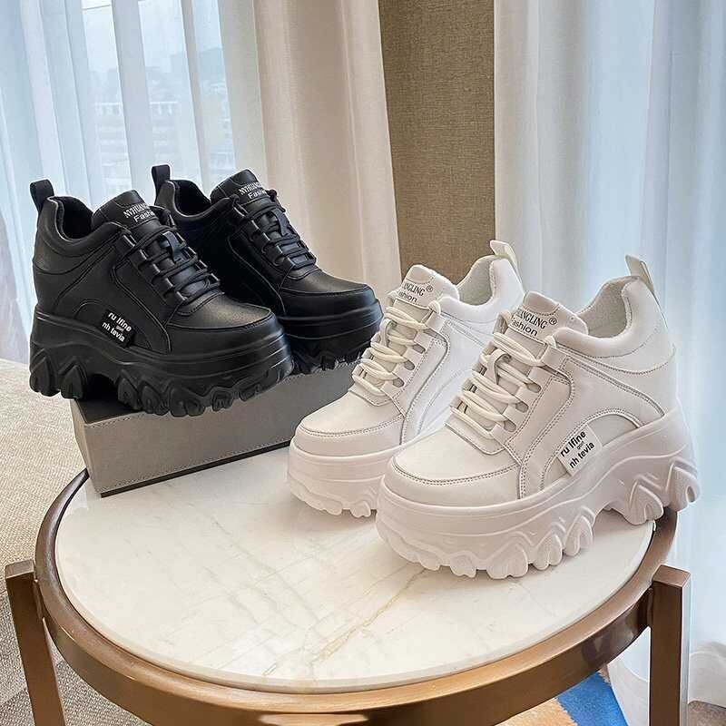 ❤ Ladies Leather Platform Spring New White 9Cm High Heels Wedge Outdoor Sneakers Breathable Ca