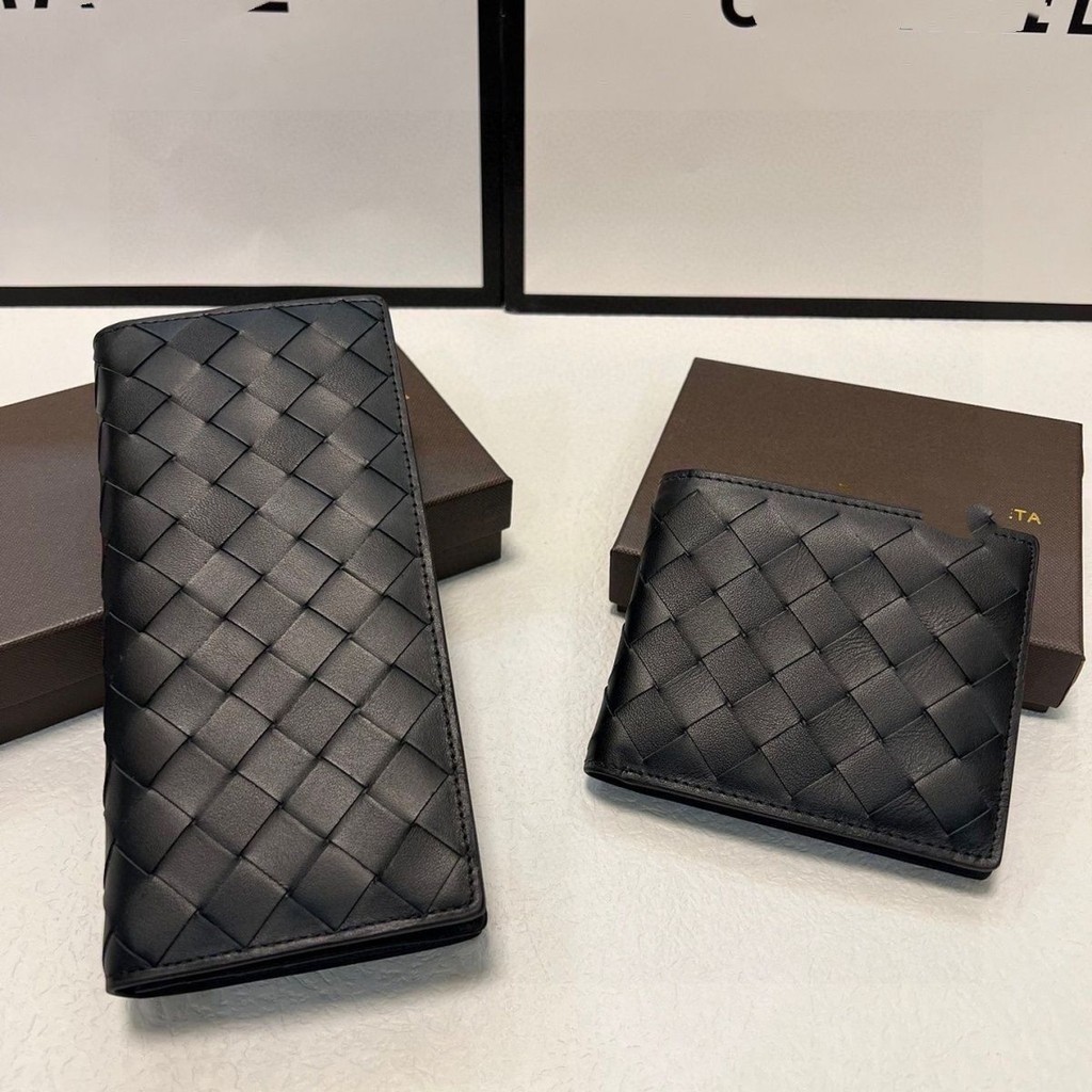 Bottega Veneta BV เวอร์ชั่นเกาหลีกระเป๋าสตางค์ใบยาวทอมือผู้ชายหนังวัวชั้นแรกกระเป๋าสตางค์หนังมัลติฟั