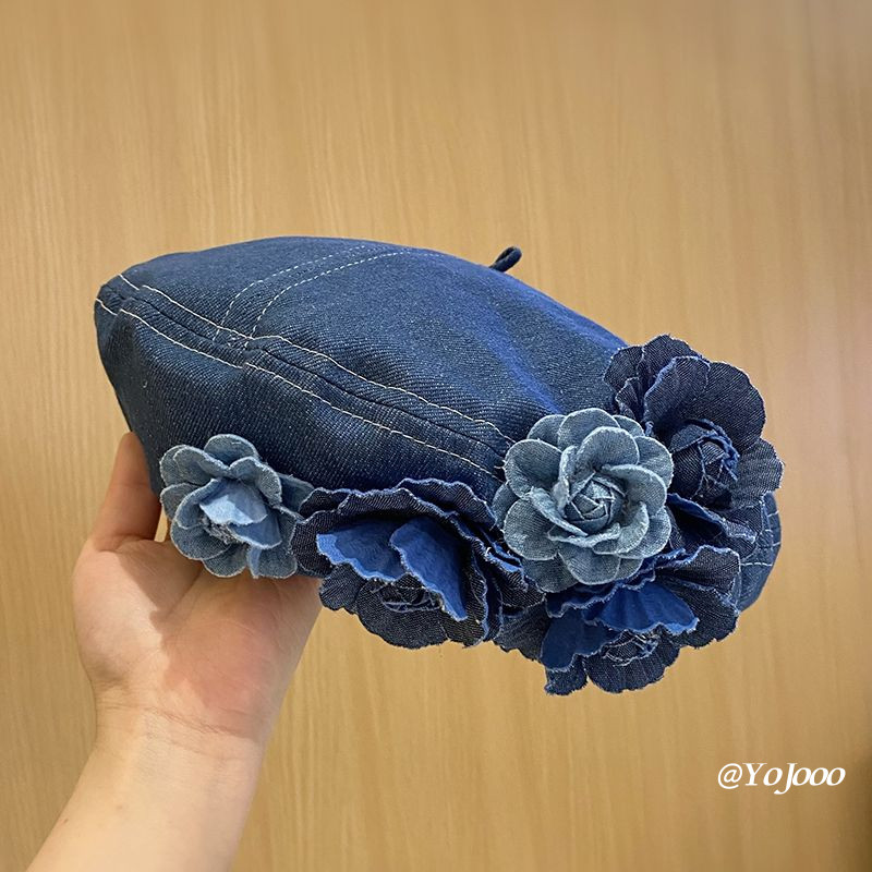 สไตล์เกาหลี Niche Contrast สีสามมิติดอกไม้ Denim Beret หญิงอินเทรนด์แฟชั่น Face-Looking Little Fluffy จิตรกรหมวกใหม่