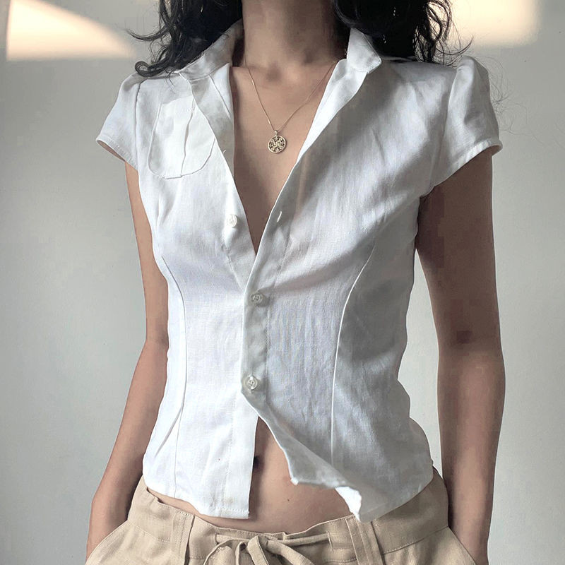 Shanmieleng สไตล์อเมริกัน Preppy สไตล์ Basic เสื้อสีทึบผู้หญิงแขนสั้น Slim-fit Slimmer ดู All-match สั้นด้านบน