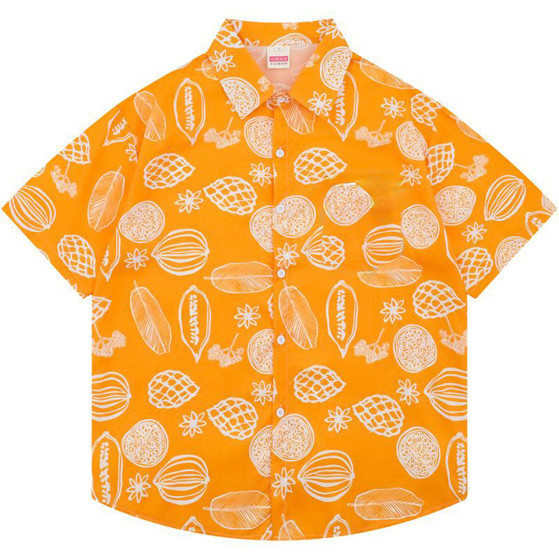 American Retro Fun Food Print Short-Sleeved Floral Shirt Men Casual