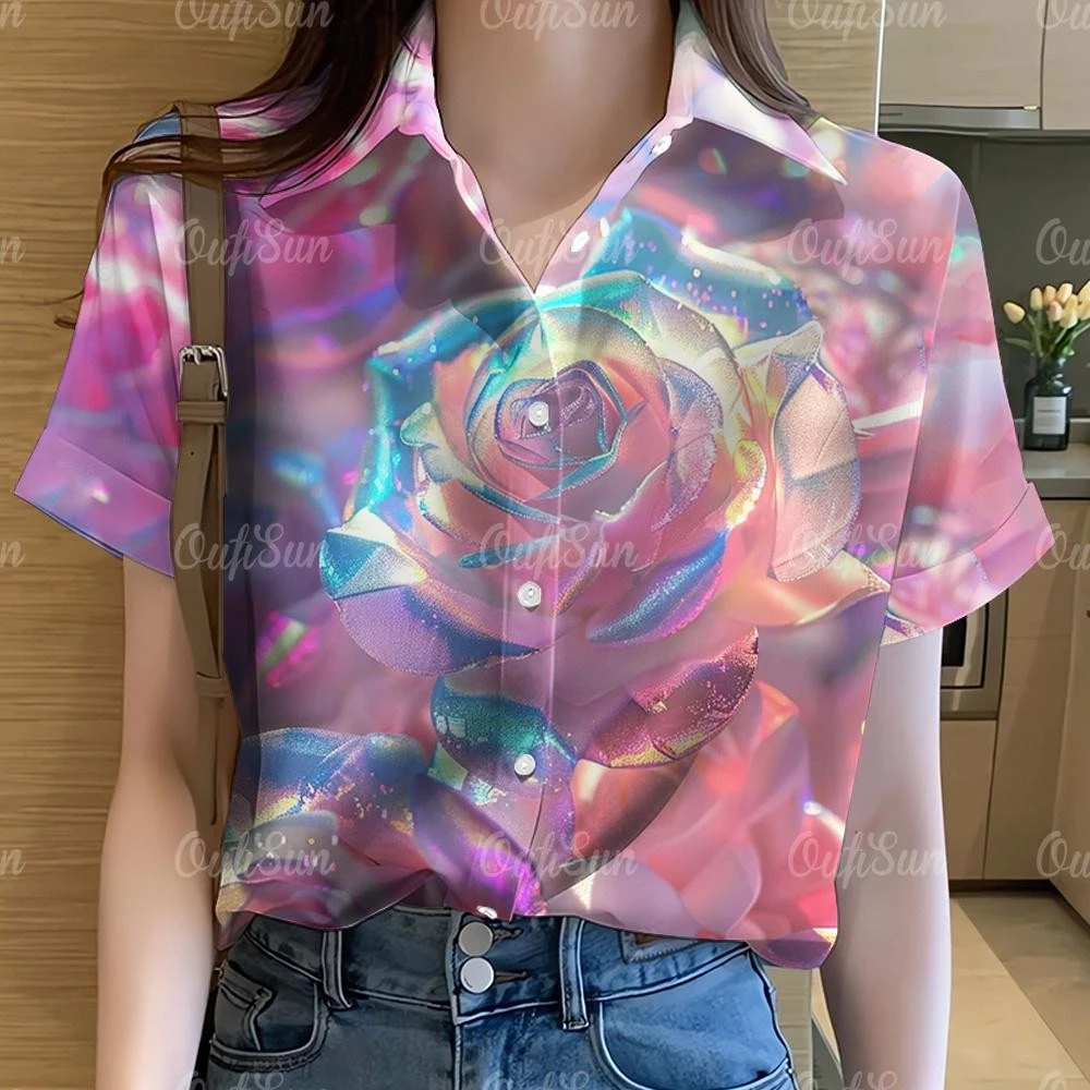 เสื้อoversizeผู้หญิง ลายกราฟฟิตี้และลายดอกไม้ สไตล์ฮาวายแขนสั้น thumbnail 4