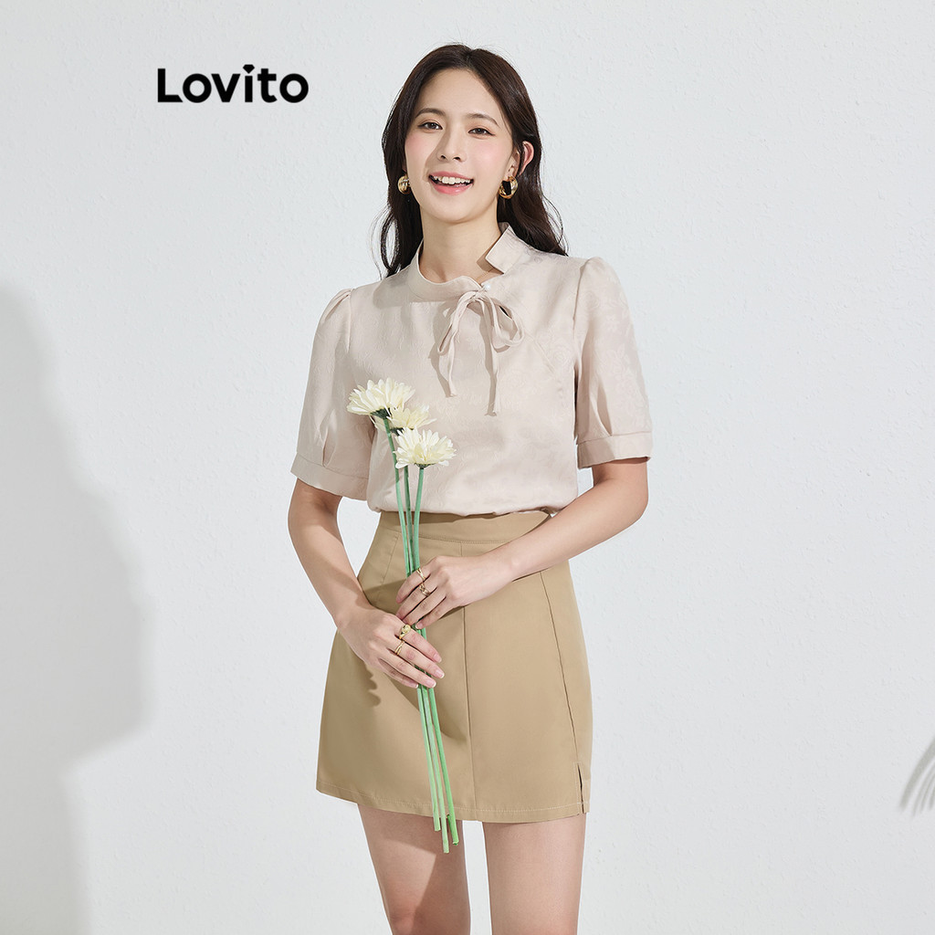 Lovito ชุดเซตกระโปรงผู้หญิง แต่งกระดุม สีพื้น สไตล์ลำลอง LNE38271 (เสื้อ/กระโปรง)