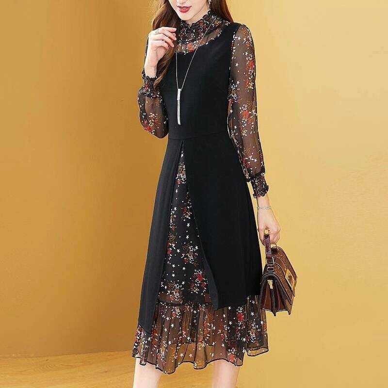 For ❤ Dress Women Summer Fashion Knee Dress Spring Women's Chiffon Floral Dress Women's Fashion Lar 