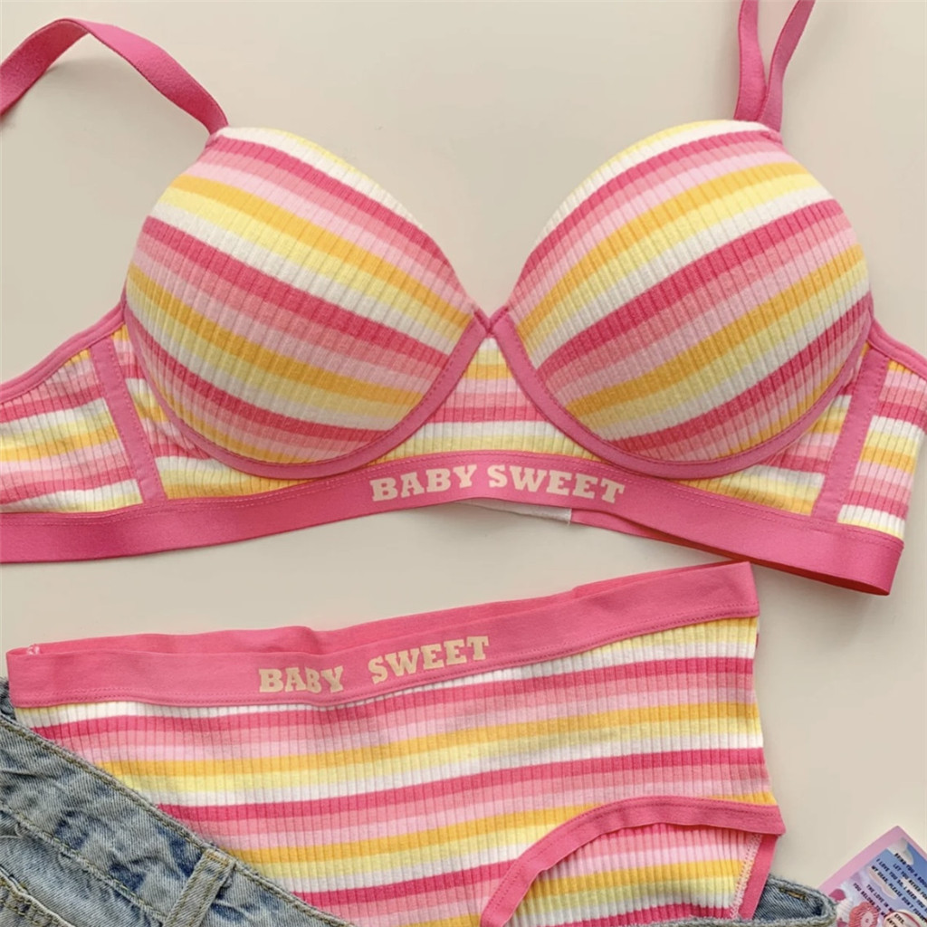 1 ชุดเยาวชนสาวสายรุ้งสี Bra + กางเกงฟองน้ํานุ่มผู้หญิงชุดชั้นในไม่มีรอยต่อบางถ้วยชุดชั้นในหญิง Bralette