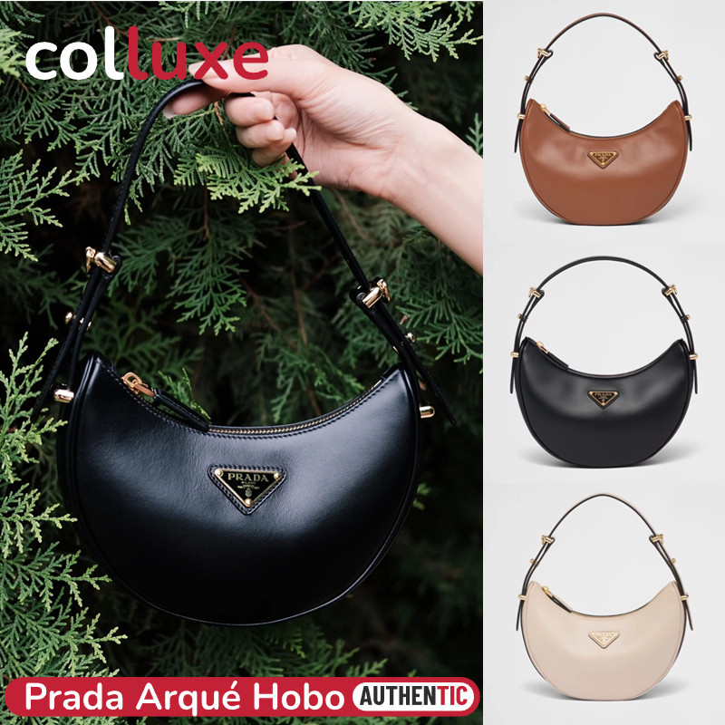 ♞ของแท้ปราด้า Prada Arqué Hobo Bag Leather Shoulder Bag กระเป๋าสะพายหนัง กระเป๋าสะพายสตรี