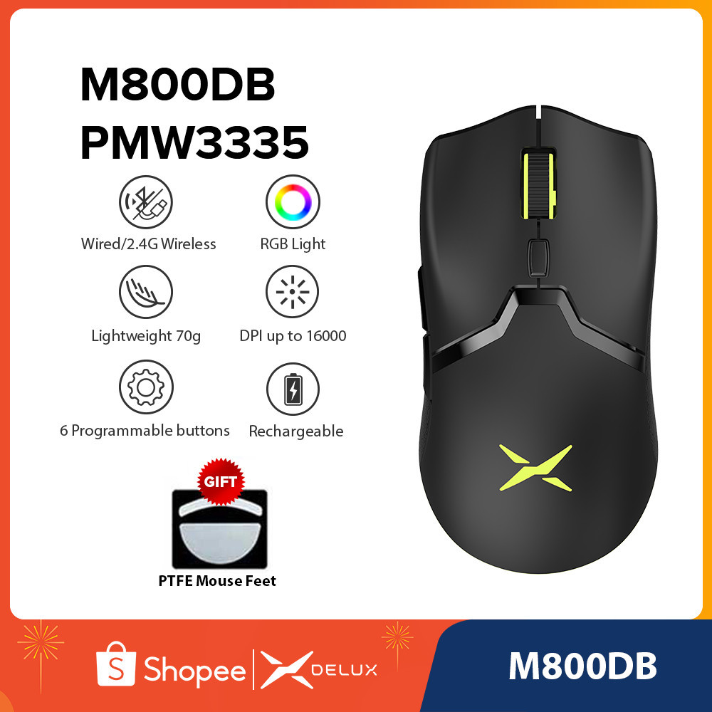 Delux M800DB PMW3335 เมาส์เล่นเกมแบบใช้สาย 6 ปุ่ม DPI MAX 16000 สําหรับ gamer PC