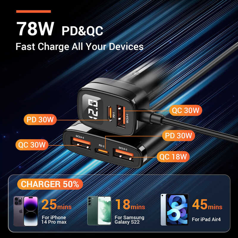 ❤ ASOMETECH 78W 5 In 1 USB Fast Charge PD QC 4.0 3.0 PPS 25W Type C Multi Port Car Charger Adapte