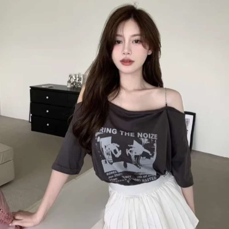 Solovely สไตล์เกาหลี ผ้าฝ้าย เสื้อ เซ็กซี่ ปิดไหล่ แขนสั้น หลวม เสื้อยืด