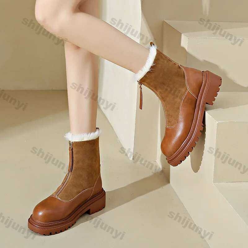 ❥ Vintage หนา Soled Warm Pu หนังข้อเท้ารองเท้าสําหรับสตรีแฟชั่นฤดูหนาวลื่น Boot ผู้หญิงแพลตฟอร์