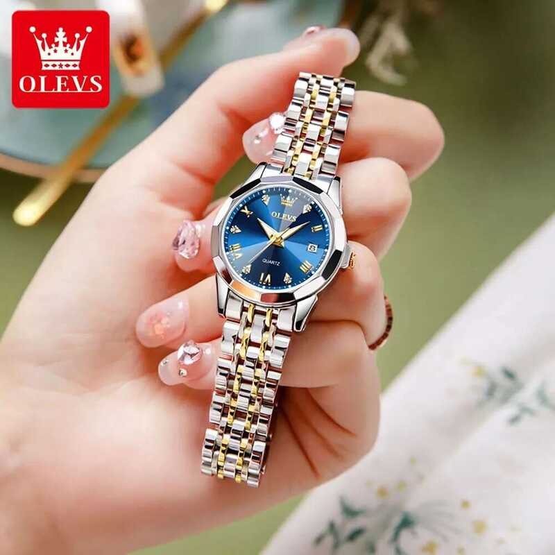 ▥ OLEVS นาฬิกาผู้หญิงแบรนด์ชั้นนำกระจกรูปสี่เหลี่ยมขนมเปียกปูนแบบดั้งเดิมนาฬิกาข้อมือผู้หญิงนาฬ