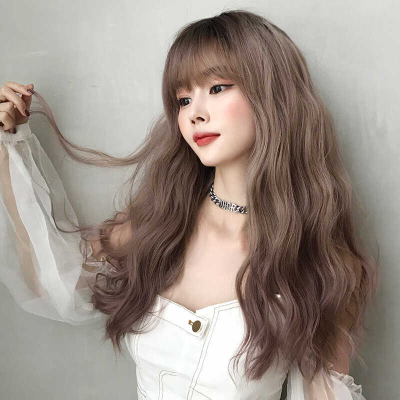 ➧ 7Jhh WIGS 58Cm Pink Brown Human Hair Washable With Bangs For Women Curly Natural Fluffy Big Wav