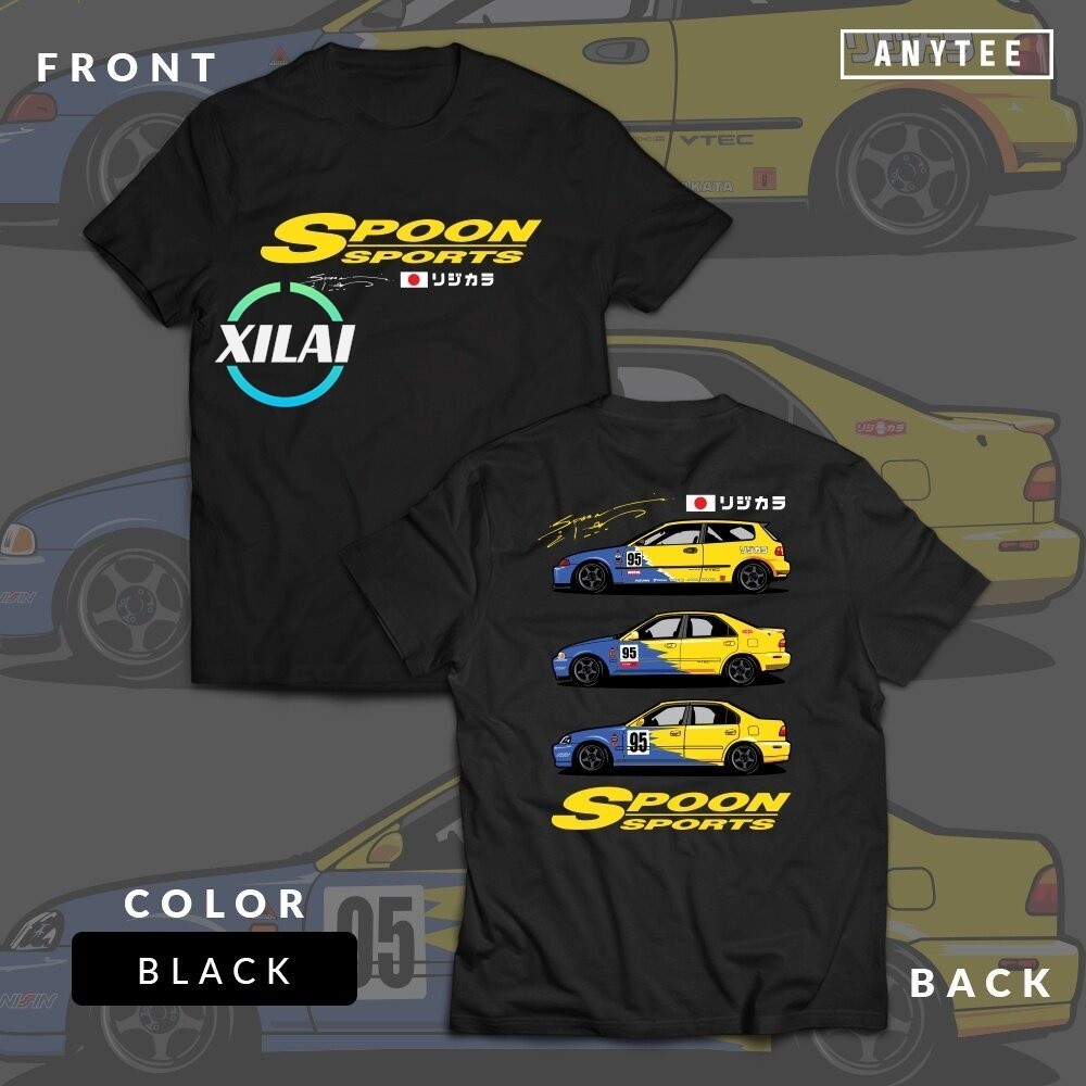 Xil Honda Civic Spoon SportsEG EK ESI JDM Japan Car Automotive T Shirt ANYTEEเสื้อยืดพิมพ์ลายรถสีดำเรียบง่ายดูดีS-5XL