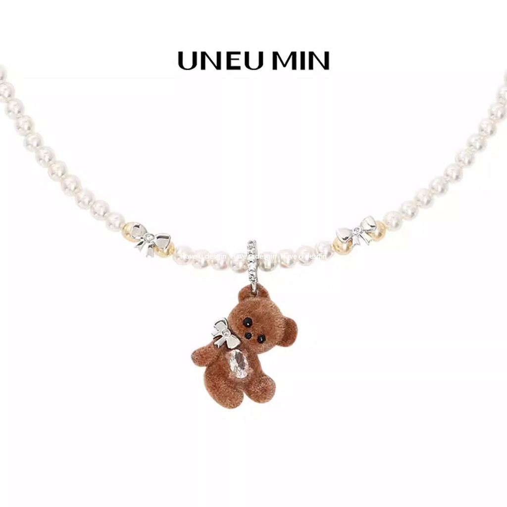 Have u desgin Flocking Bear Bow Original Niche Design จี้มุกน่ารักสร้อยคอทุกคู่