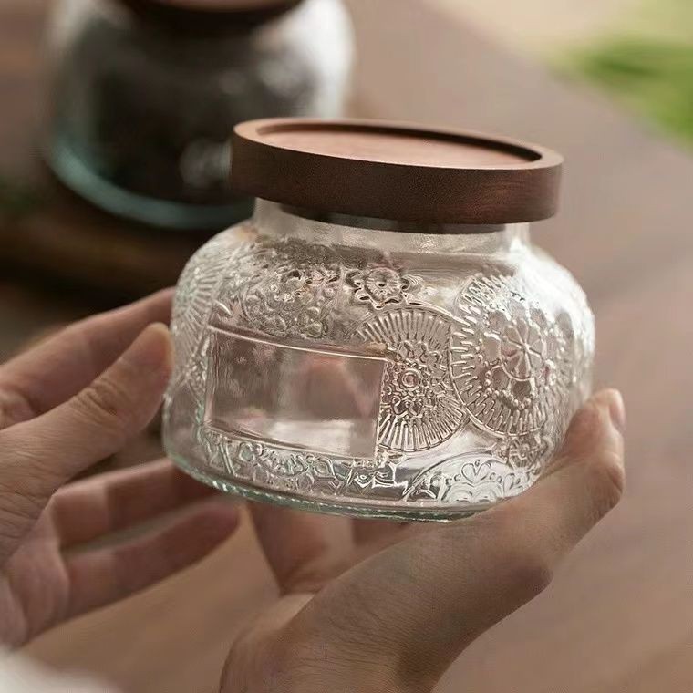 Retro นูน Begonia ดอกไม้แก้วปิดผนึก Jar Home KITCHEN Storage Jar NUT Coffee Bean Storage Jar ชา Jar