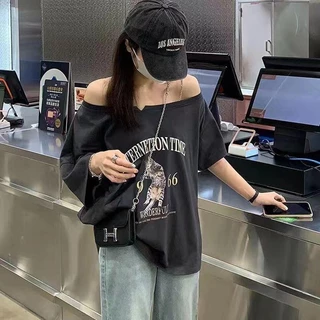 ส่งจากกรุงเทพฯ Solovely M-2XL เสื้อดํา เสอื้ผา้ผหู้ญง เสื้อเปิดไหล่ เสอ สไตล์เกาหลี แมว พิมพ์ลาย หลวม เสื้อยืด