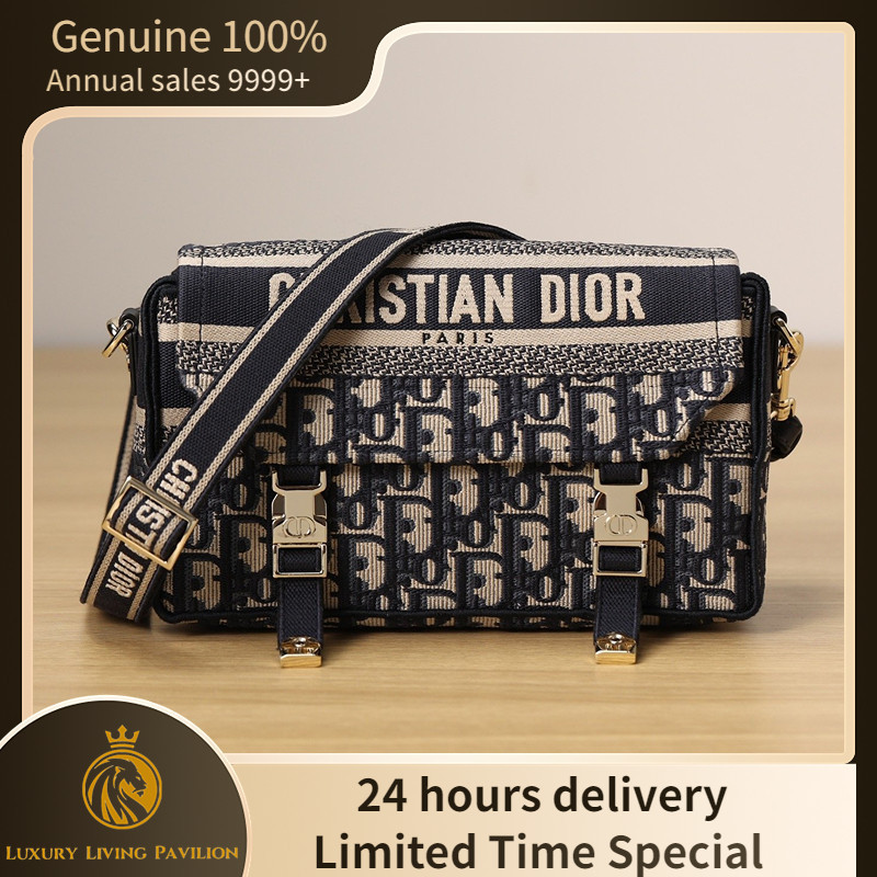 ♞,♘ซื้อในฝรั่งเศส ใหม่ SMALL DIORCAMP BAG Blue Dior Oblique Embroidery กระเป๋าแฟชั่น ของแท้ 100%