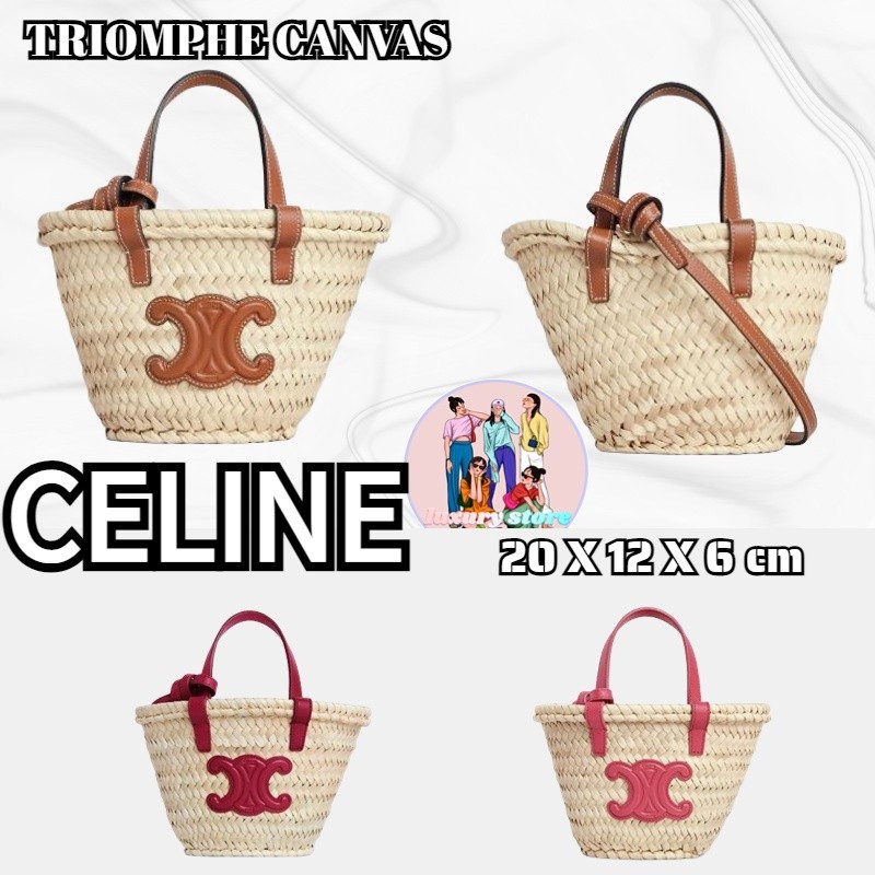 ♞CELINE/CELINE TRIOMPHE Mini Palm Leaf and Cow Leather Basket Bag/Crossbody Bag/Shoulder Bag/ รายละ