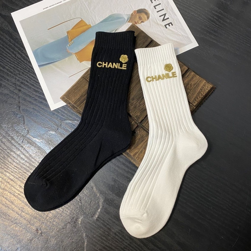 Chanel Double-needle Hot-stamped Soft Silicone Retro Lettering Camellia High-top Socks