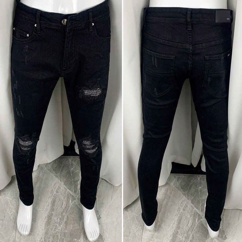 Amiri High Street Fashion Mens Jeans กางเกงยีนส์สีดำบางเฉียบเหนือเข่า Splice Patch การออกแบบงานฝีมื