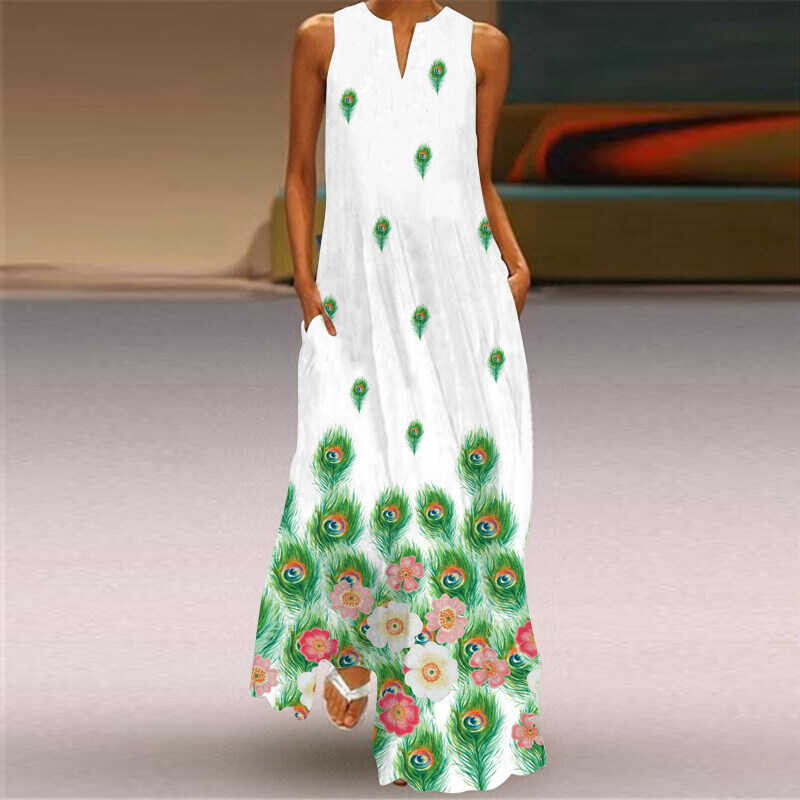 ❤ ZANZEA Womens Sleeveless Elegant Printed Long Slim Hem A-Line Maxi Dresses Singapore Thailand M