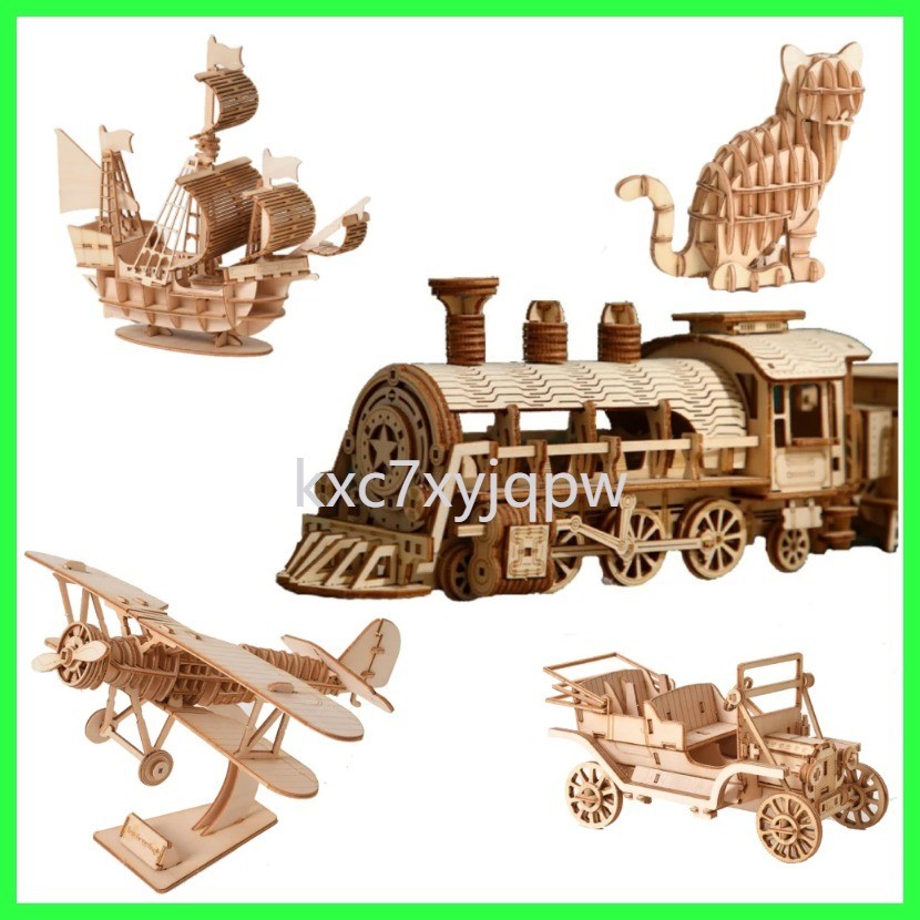 3d ไม้รถไฟไอน้ำของเล่นเด็ก Building Block ปริศนา Linden Assembly จำลองรถเรือเครื่องบินแมวสำหรับของข