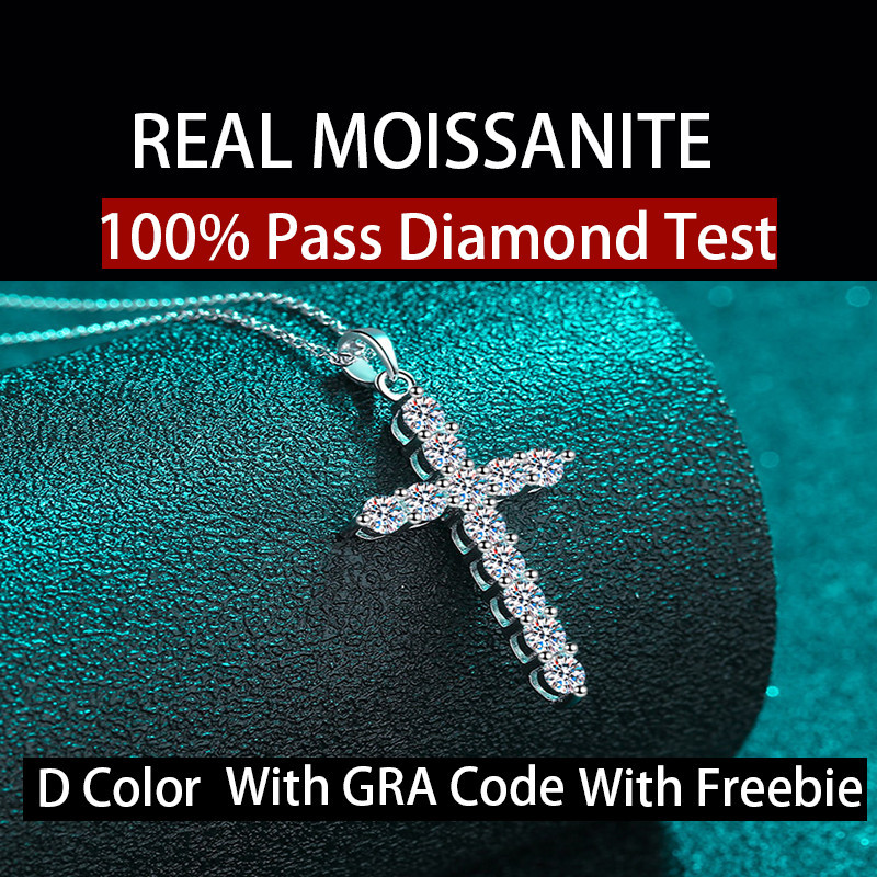 Real Moissanite สร้อยคอเงินสเตอร์ลิง 925 0.36ct 0.72ct 1.1ct 1.2ct 3.6ct รูปไม้กางเขน สีขาว พร้อมรั