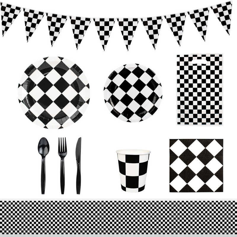 Birthday รถแข่งของเล่นขับรถทิ้งชุดสีดำสีขาวผ้าปูโต๊ะแบนเนอร์กระดาษแผ่นถ้วยผ้าเช็ดปากชุด Boy Party Decors