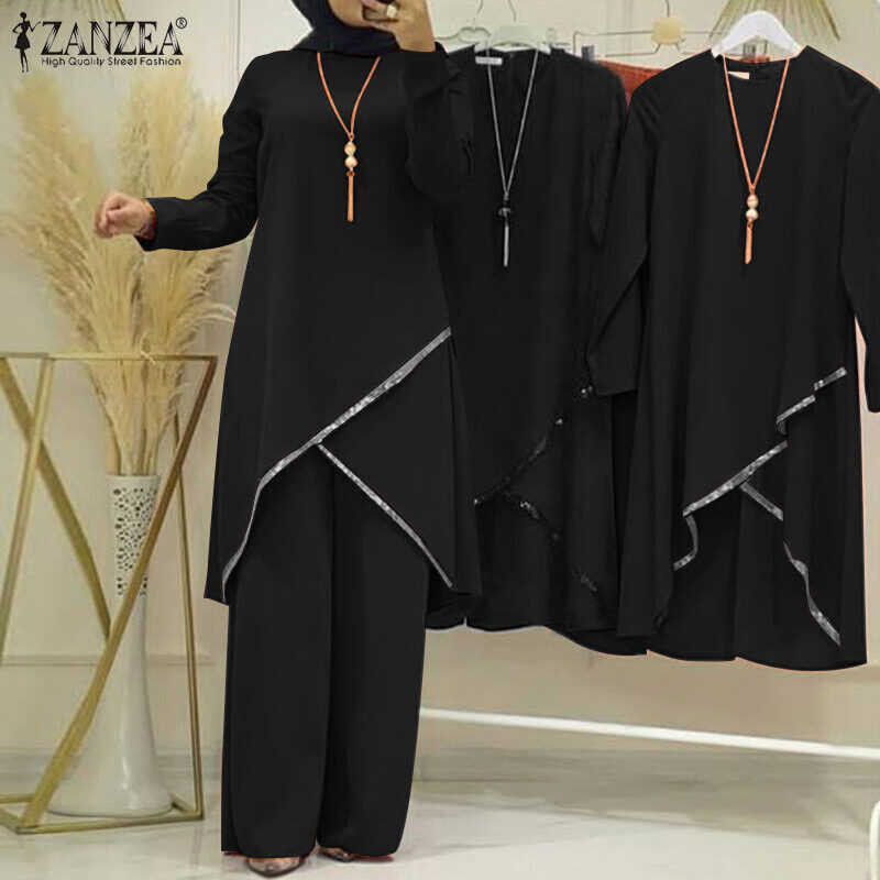 ❤ Hijabfab ZANZEA ชุดเดรสอิสลาม ผู้หญิงมุสลิม2ชิ้นชุด O คอปก