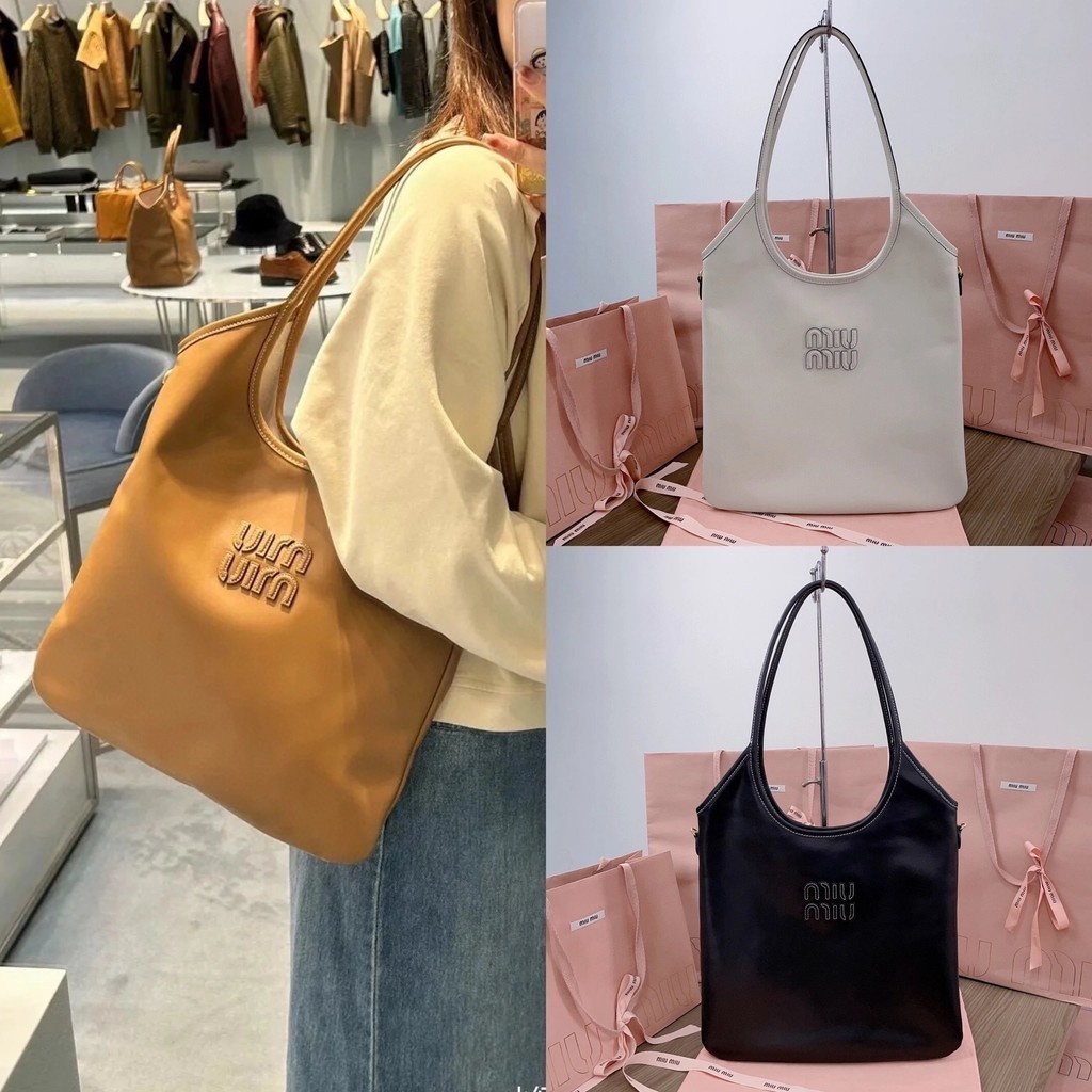 Miumiu ยี ่ ห ้ อ 2023 สไตล ์ ใหม ่ Isetan Limited Tote ivy กระเป ๋ านําเข ้ า Calfskin hobo หญิงกร