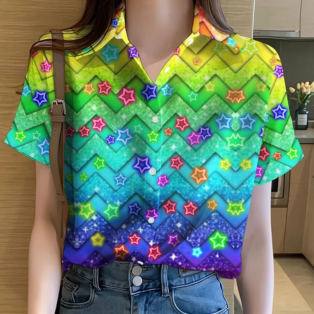 เสื้อเชิ้ตแขนสั้นพิมพ์ลายดอกไม้ สีรุ้ง สไตล์ฮาวาย สำหรับผู้หญิง thumbnail 6