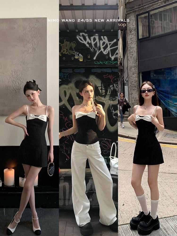 Shanmieleng Suspender Dress ผู ้ หญิงฤดูร ้ อนโบว ์ ลายกระโปรงสีดํา Tube Top กระโปรง