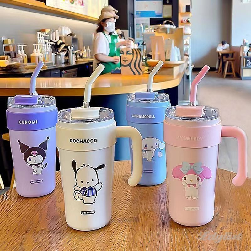 850ML Sanrioขวดเก็บความร้อนKuromi Hello Kitty Cinnamorollกระติกน้ำมูลค่าสูงถ้วยฟางแก้วเก็บความเย็น