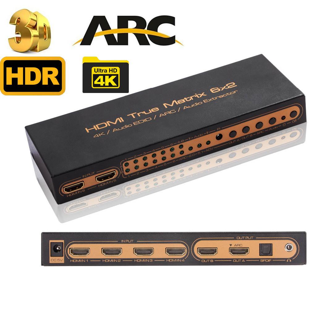 6x2 HDMI Matrix PIP HDMI 6X2 Matrix เครื่องสกัดเสียง HDMI ARC 4K/30Hz Matrix HDMI 6 in 2 out switch 