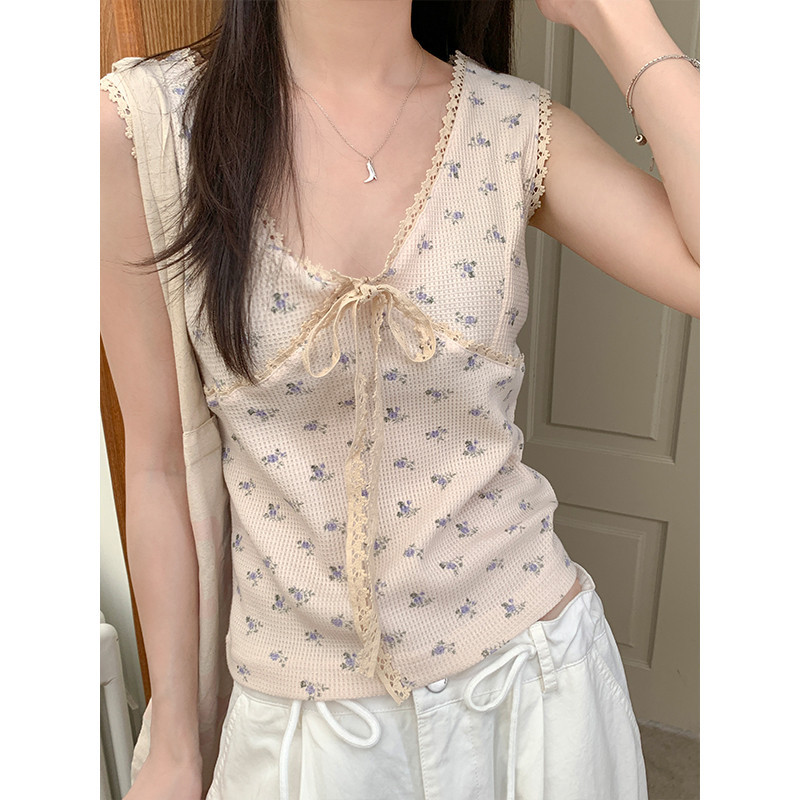 75543 Sweet Casual Lace Floral Vest All-Match Top